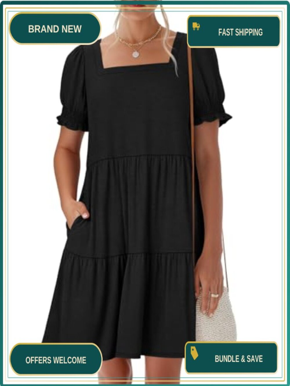 Women's Puff Sleeve Mini Dress with Pockets Casual Summer Flowy A-Line - Picture 1 of 6